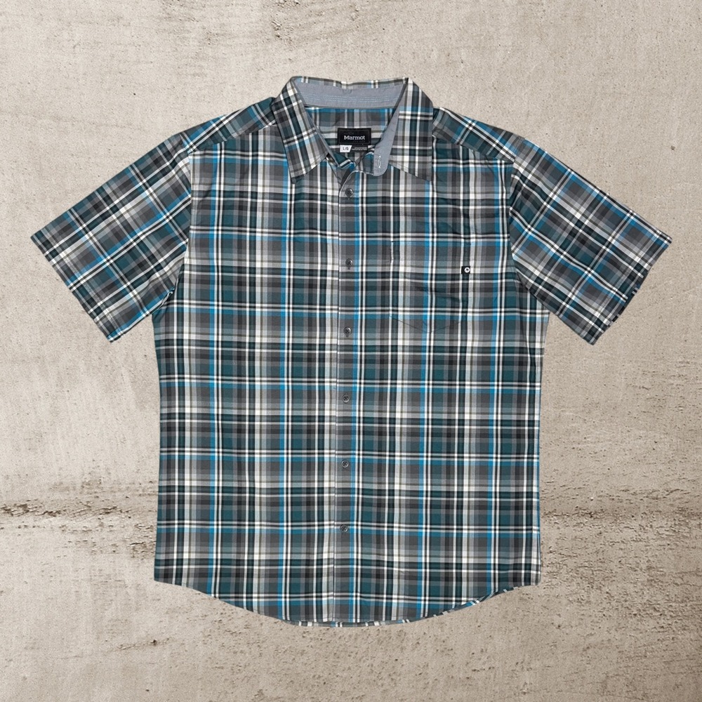 Marmot‎ Shirt Men's Large Blue Plaid Button Up Lightweight Performance Outdoor